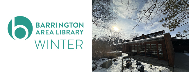 Barrington Area Library logo in dark teal, photograph of the Library exterior with a light dusting of snow, link to the Library website